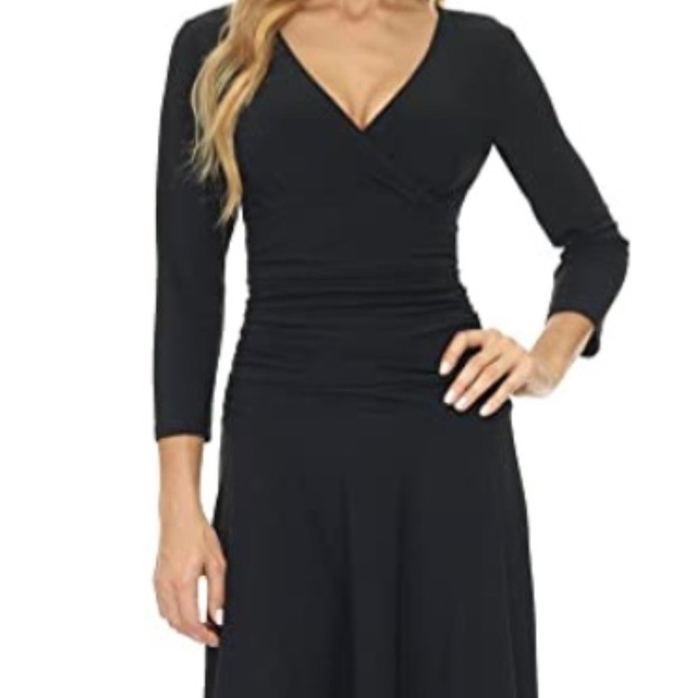 Rekucci Women's Slimming 3/4 Sleeve Fit-and-Flare Crossover Tummy Control Dress